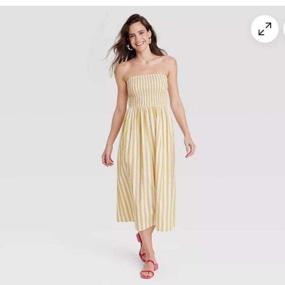 A New Day Strapless Smocked Tube Sundress Yellow White Stripe Small